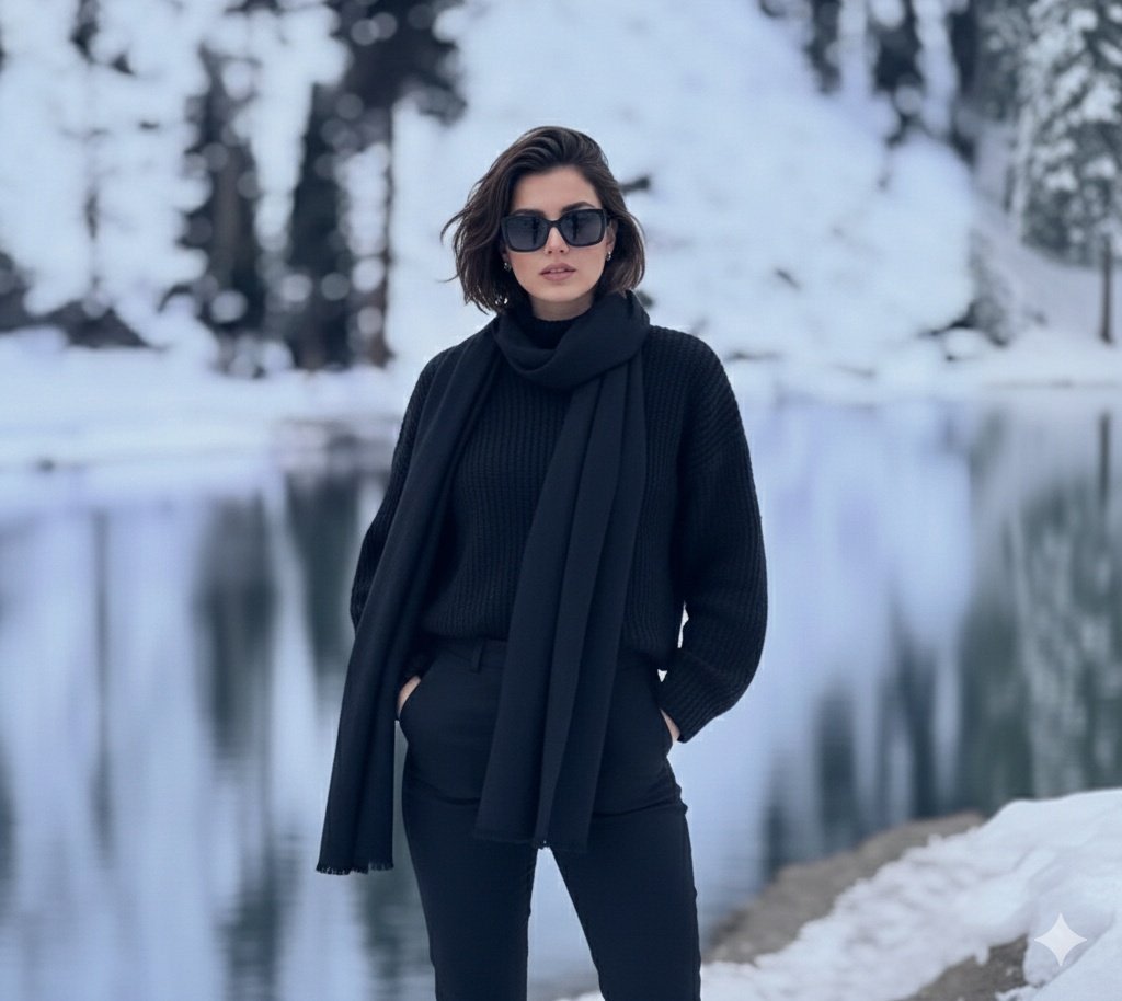 Photorealistic portrait of a stylish woman in a snowy landscape AI image template preview
