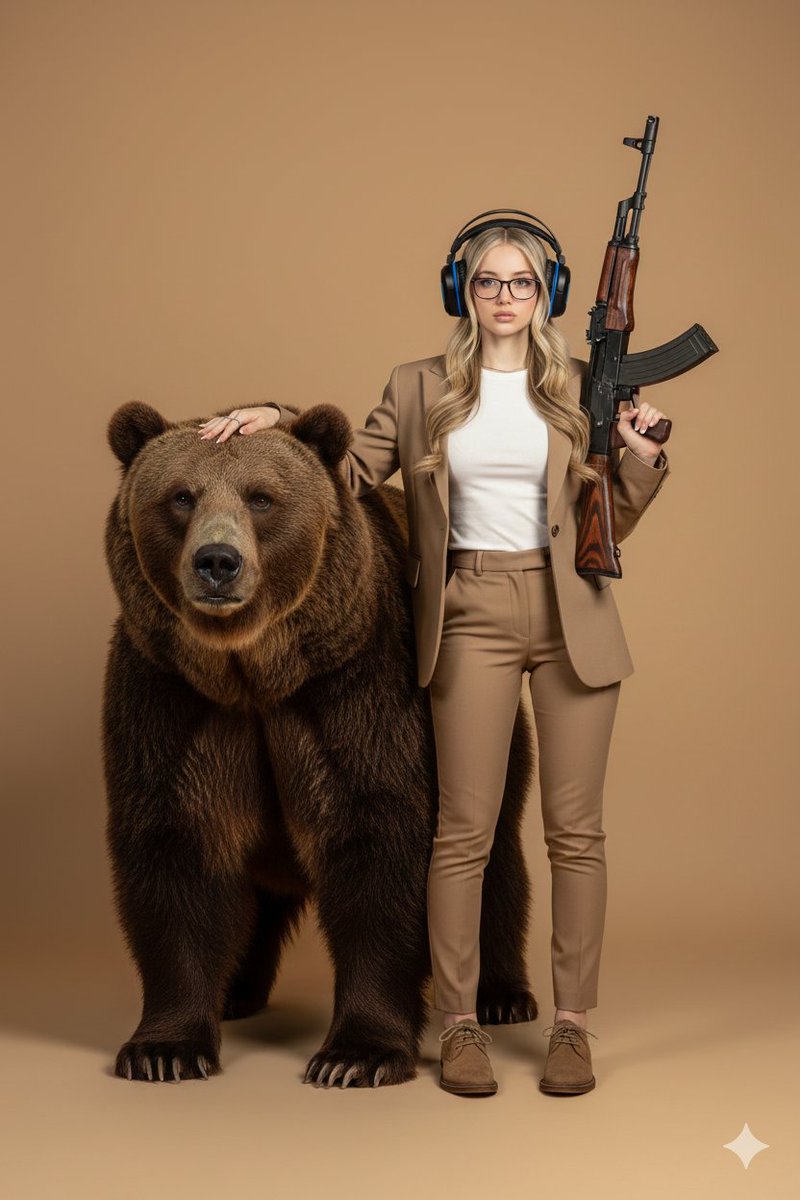 Surreal Studio Portrait with Grizzly Bear and Rifle AI image template preview
