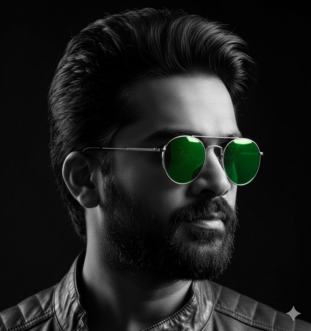 Cinematic B&W Portrait with Selective Emerald Color AI image template preview