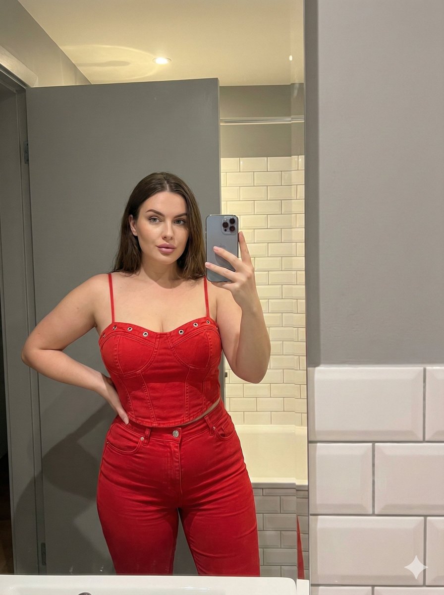 8K Mirror Selfie in Red Denim Corset and Jeans AI image template preview