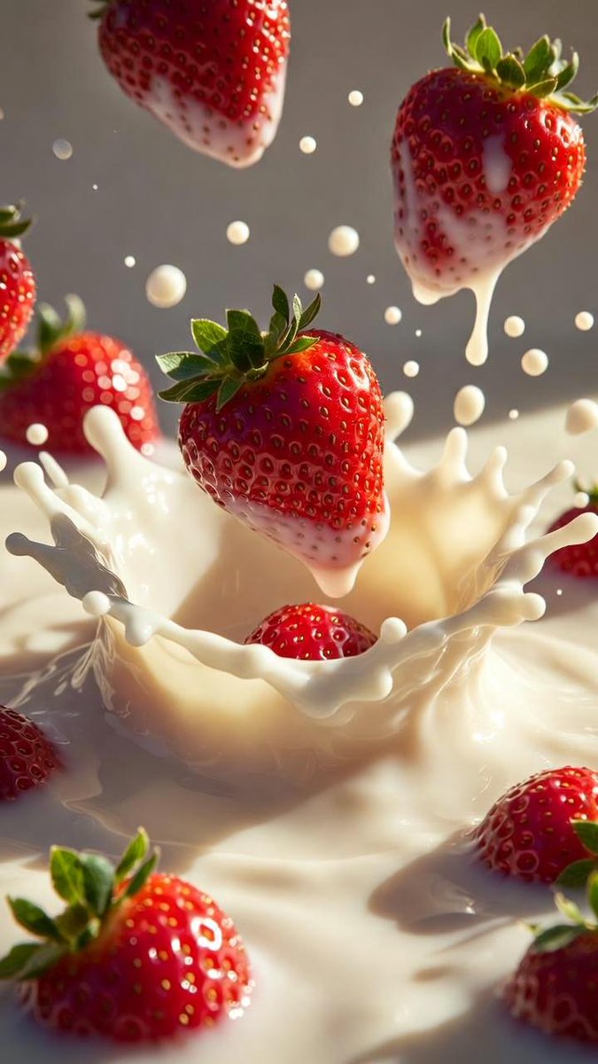 Macro Shot of Strawberries Falling into Milk AI image template preview
