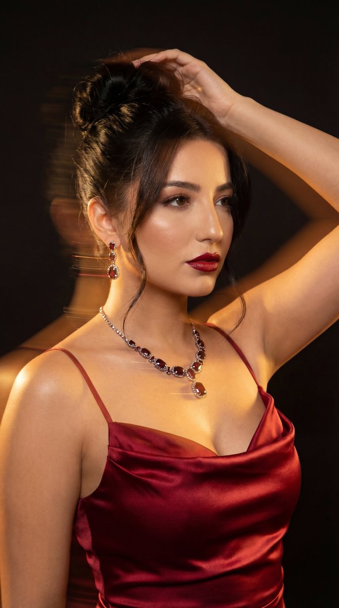 Vogue-Style Cinematic Portrait in Red Satin (Duplicate) AI image template preview