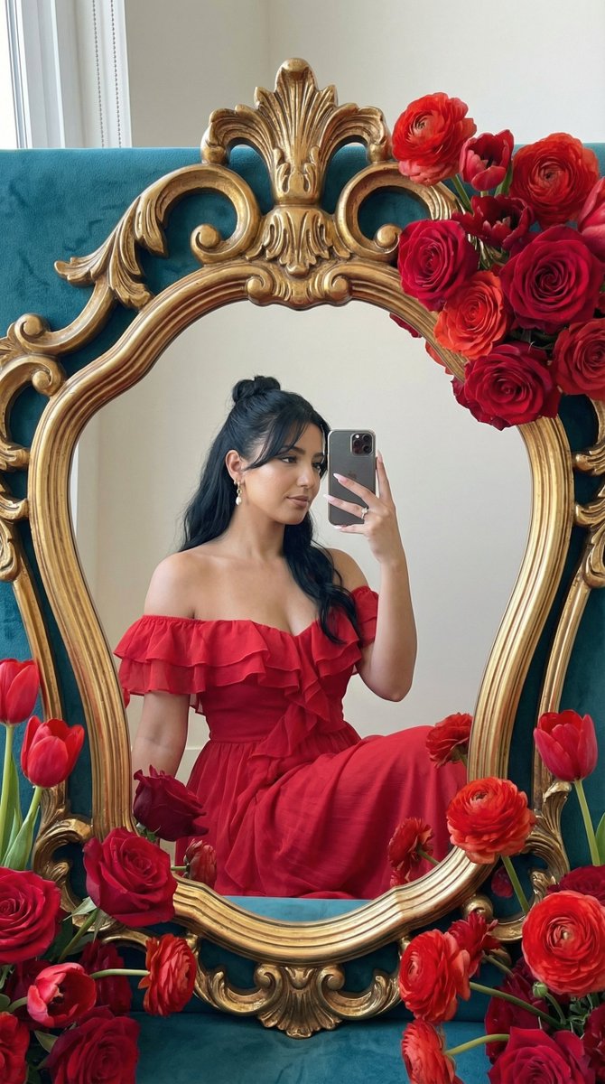 Photoreal Editorial Mirror Selfie with Floral Frame AI image template preview