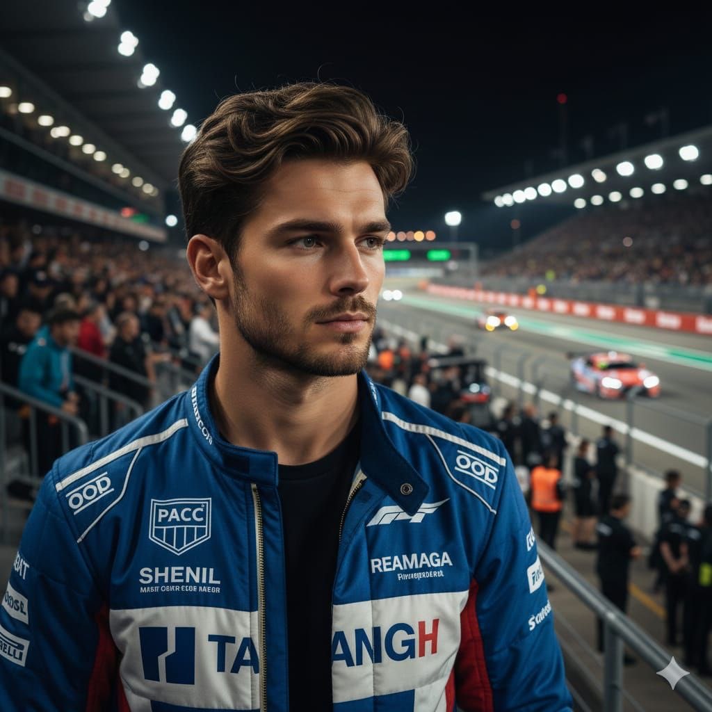 Cinematic Portrait of a Racing Driver at Night AI image template preview