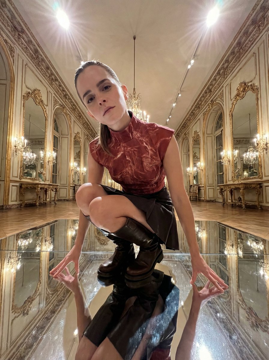 Emma Watson Unsettling Low-Angle Portrait Prompt AI image template preview