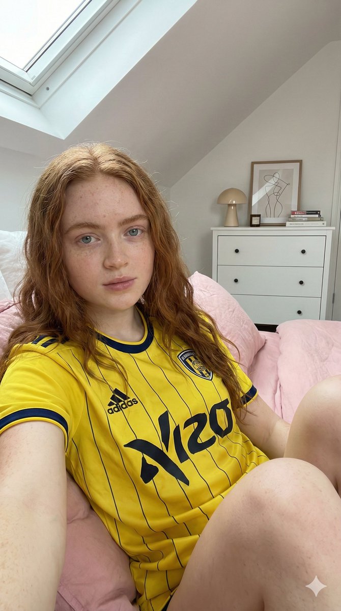 Photorealistic Selfie of Sadie Sink in a Soccer Jersey AI image template preview