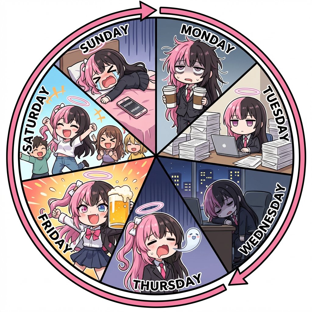 Infographic prompt for 'Monday to Sunday' infinite loop manga AI image template preview