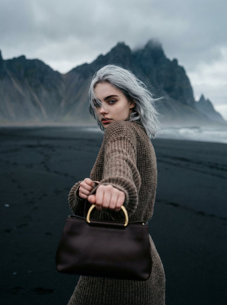 Cinematic Fashion on Black Sand Beach Prompt AI image template preview
