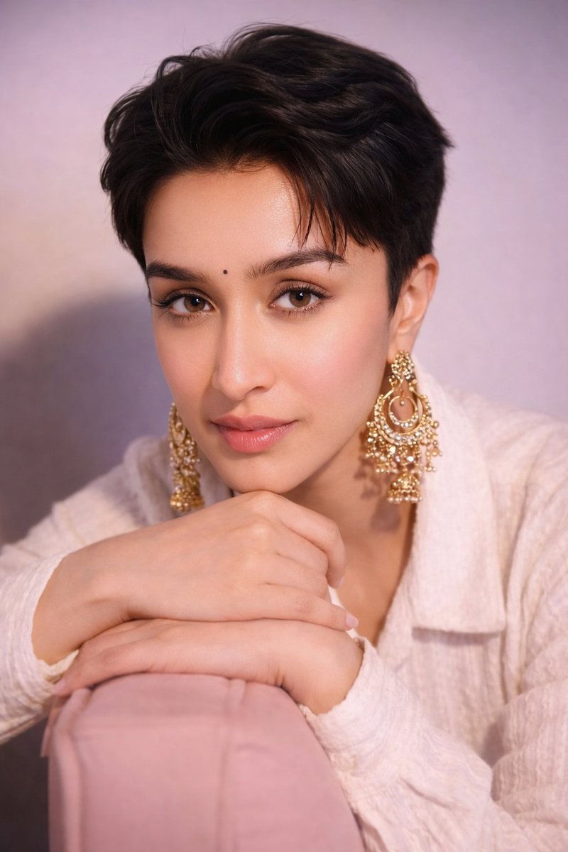 Portrait of Shraddha Kapoor with Pixie Cut and Jhumka Earrings AI image template preview