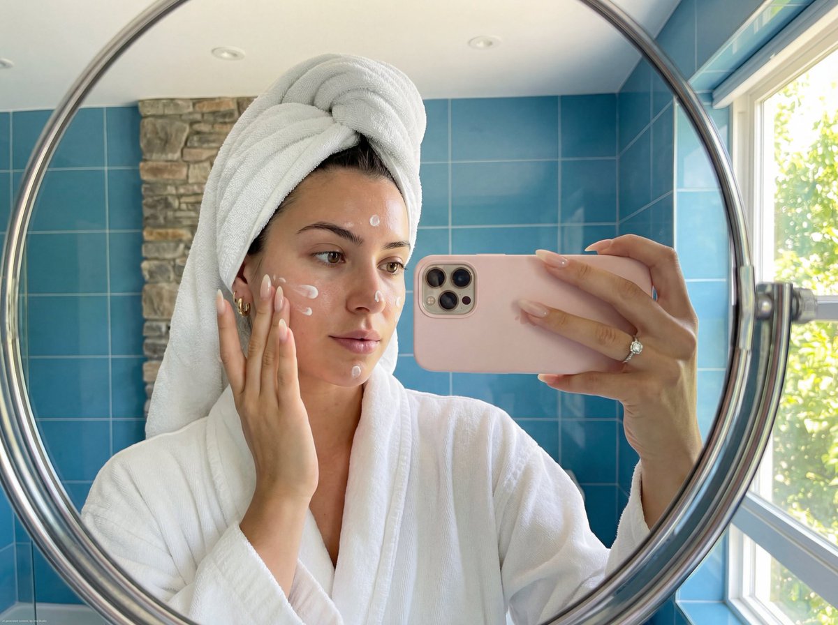 Skincare Mirror Selfie in a Modern Bathroom AI image template preview