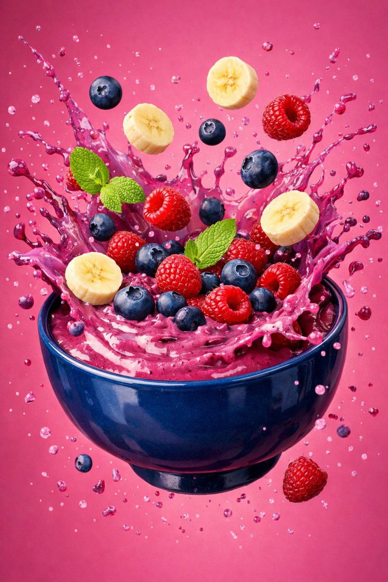 Hyper-Realistic Berry Smoothie Explosion Food Photography Prompt AI image template preview