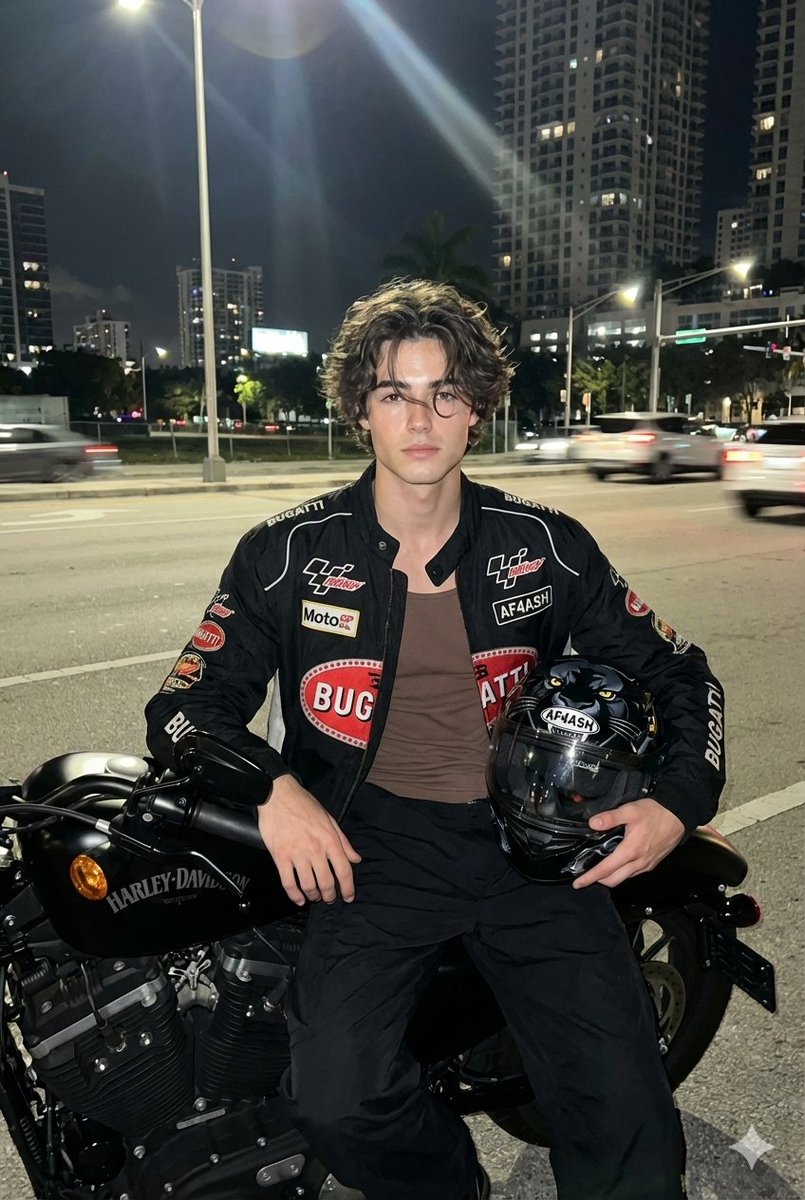 Nighttime Motorcycle Photo with Face Replacement Prompt AI image template preview