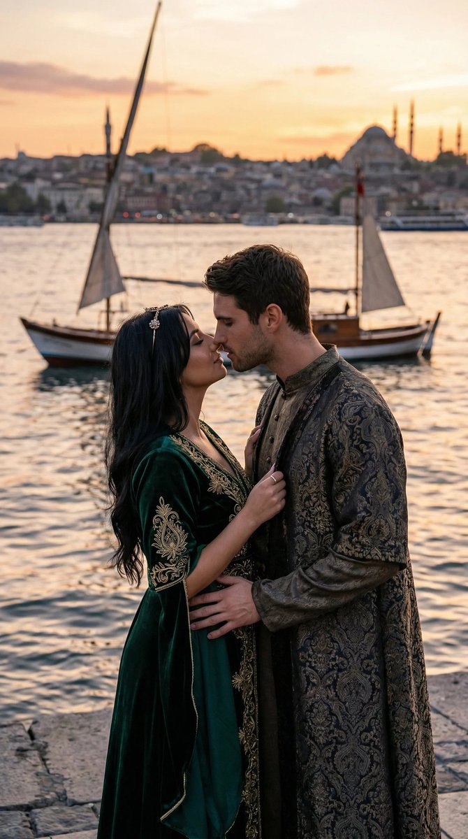 Cinematic Ottoman Historical Romance Kiss Prompt AI image template preview