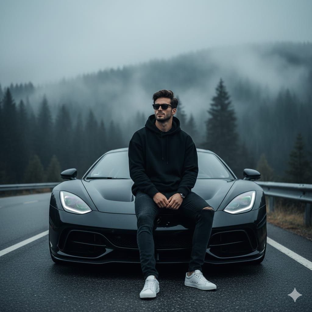 Ultra-realistic Cinematic Portrait of a Man with a Luxury Sports Car AI image template preview