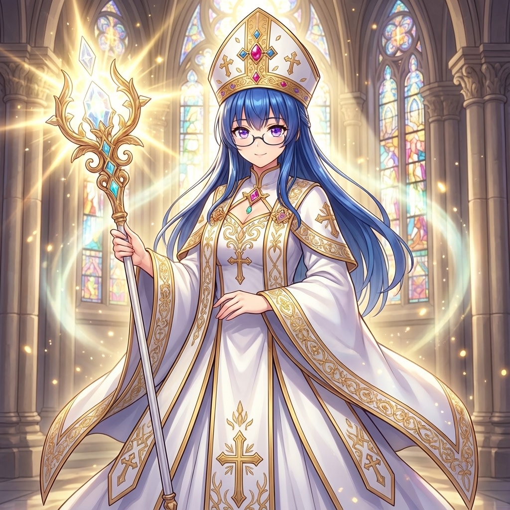 Bishop Transformation with Healing Light and Glasses AI image template preview