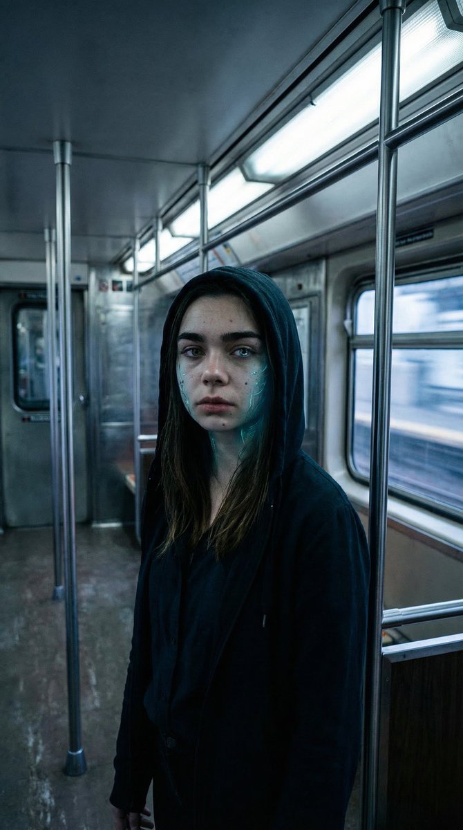 Subtle Cyborg Transformation in Subway AI image template preview