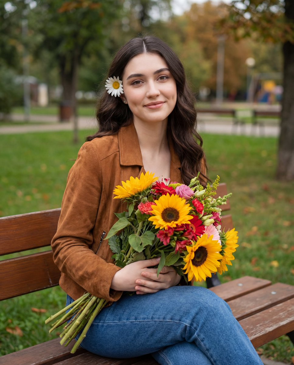 Candid Autumnal Park Portrait with Bouquet AI image template preview