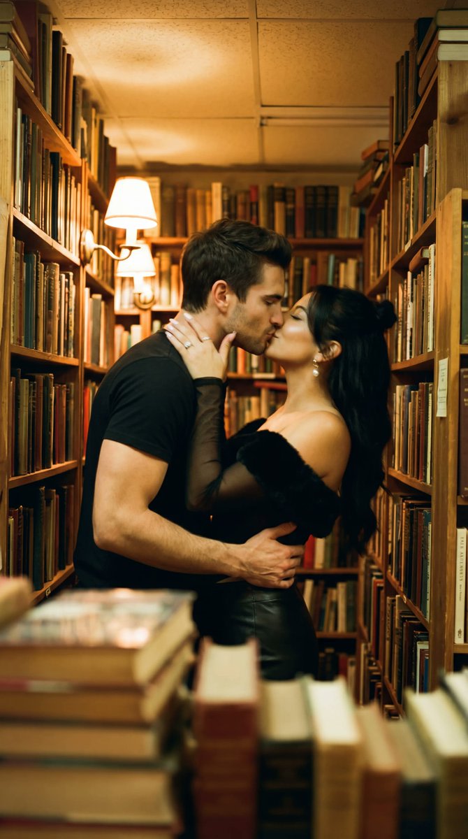 Photorealistic Cinematic Kiss in a Cozy Bookstore Aisle AI image template preview