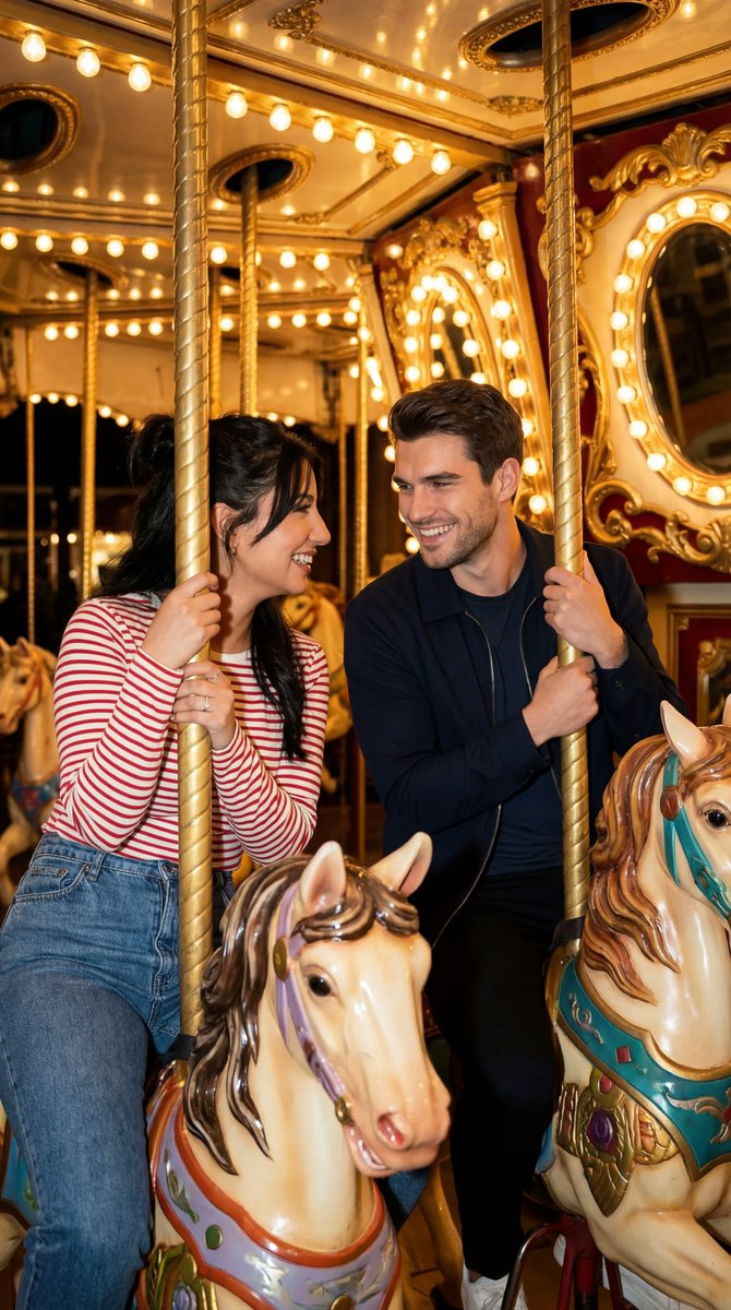 Cinematic Romcom Scene on a Carousel with Identity Lock AI image template preview