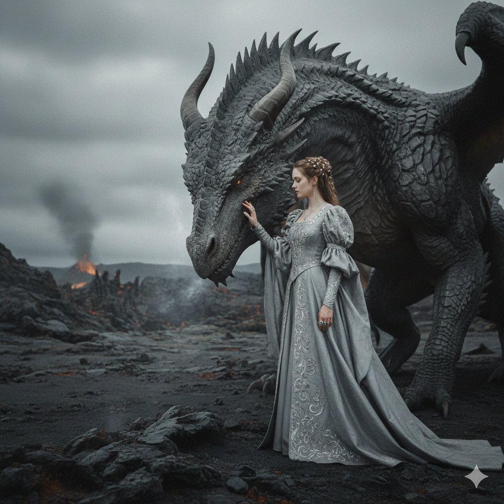 Cinematic Noblewoman and Dragon Prompt AI image template preview