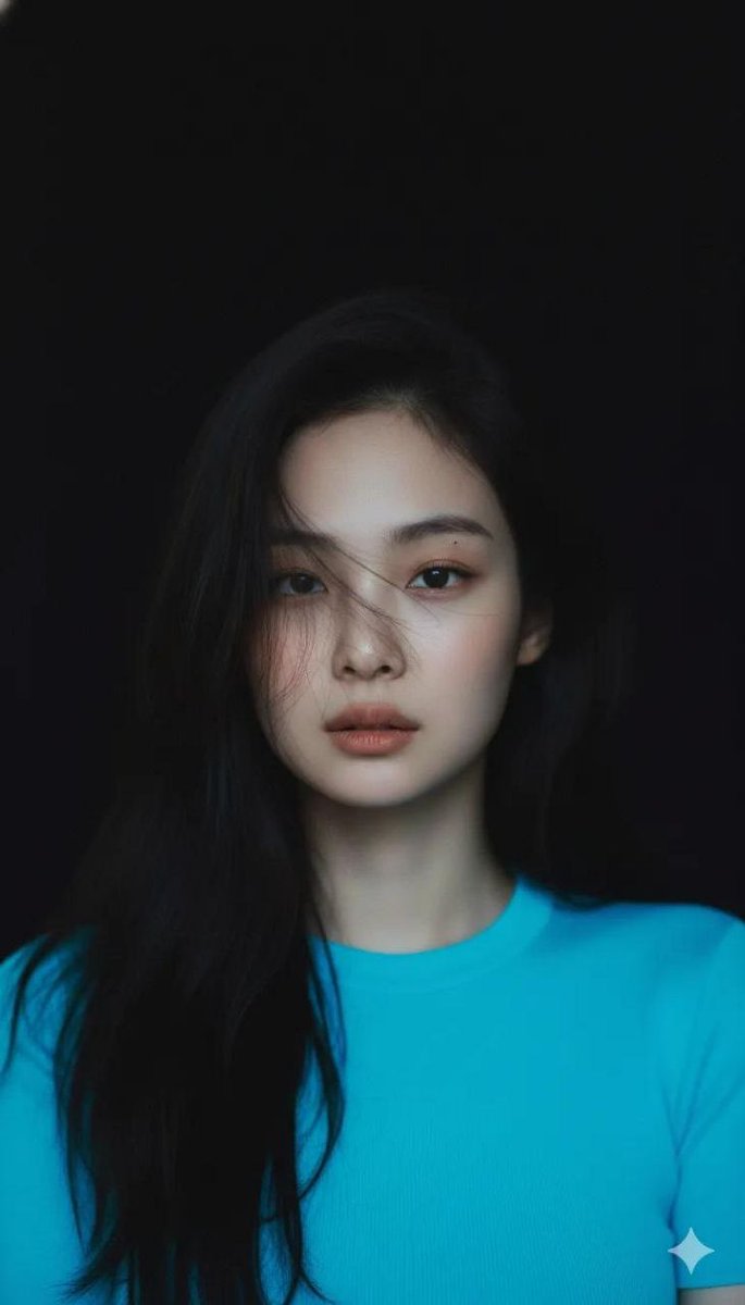 Moody Cinematic Portrait with Neon Blue Top Prompt example 1