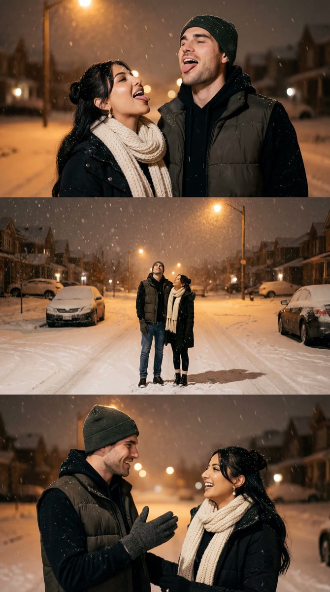 Cinematic Winter Night Couple Triptych AI image template preview
