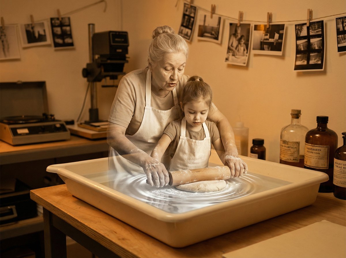 Vintage Photograph Developing in Darkroom with 3D Emergence AI image template preview
