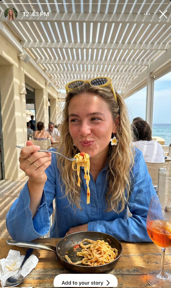 Ultra-Realistic Candid Instagram Story Photo of Woman Eating Pasta AI image template preview