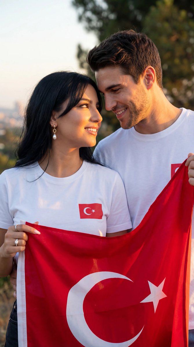 Photorealistic Romantic Couple with Turkish Flag Prompt AI image template preview