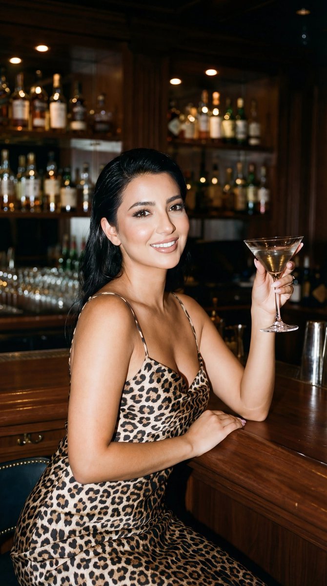 Photoreal Luxury Bar Portrait (Leopard Dress) AI image template preview