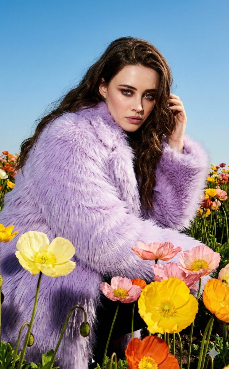 Harsh Flash Fashion Portrait in Flower Field Prompt example 2