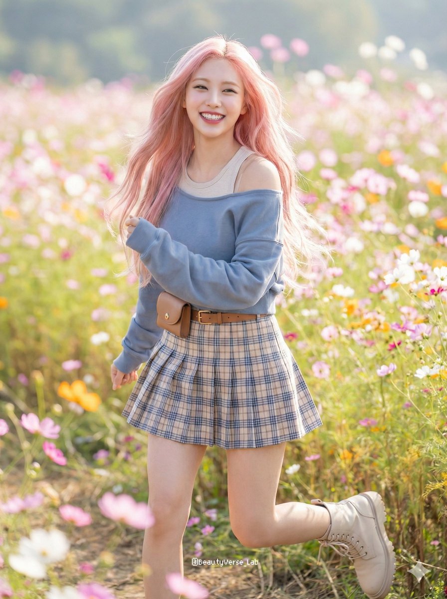 Dynamic K-Pop Idol Running in a Flower Field AI image template preview