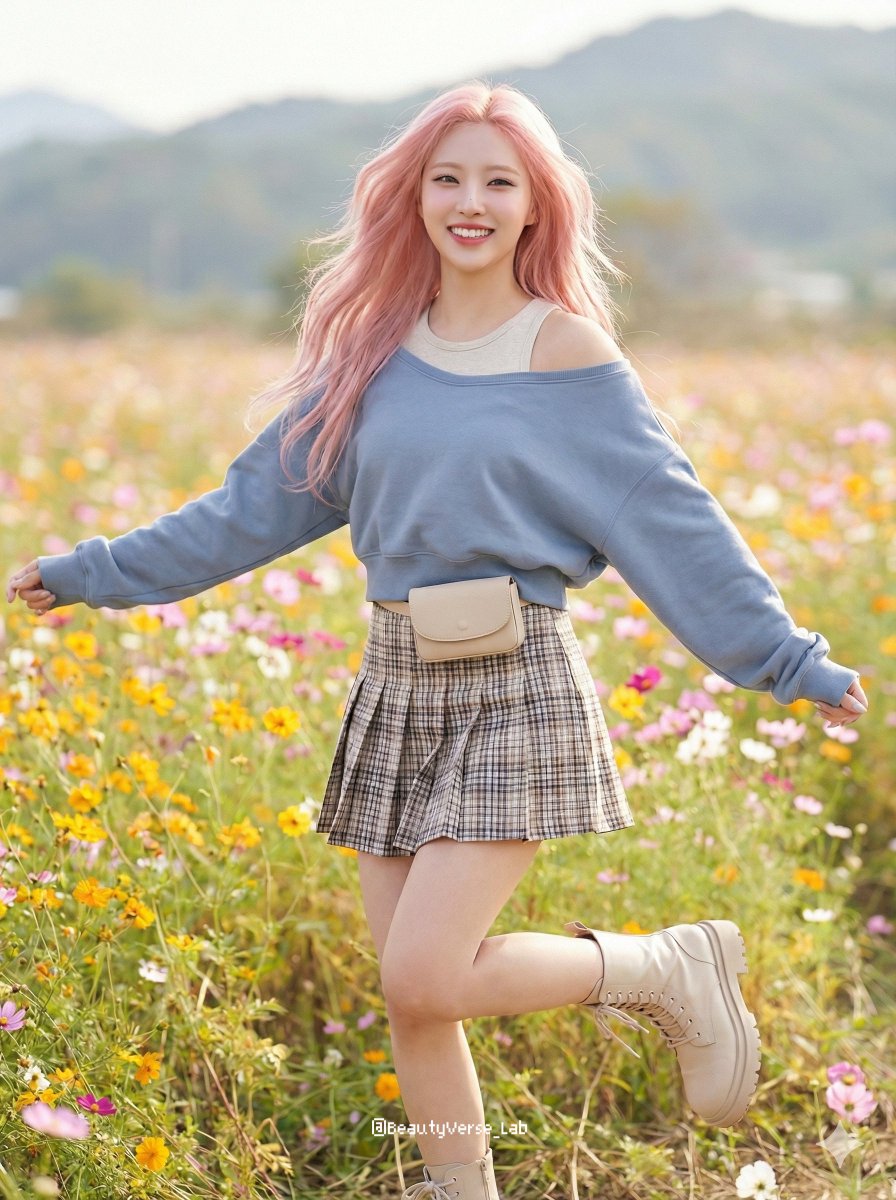 Dynamic K-Pop Idol Running in a Flower Field example 2