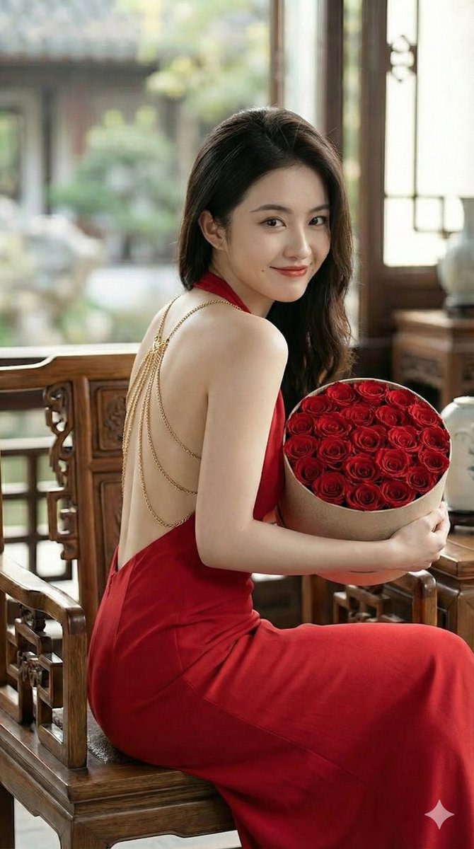 Romantic Opulence Portrait Prompt (Red Dress) AI image template preview