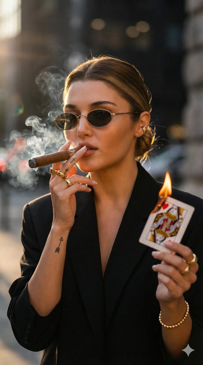 Edgy Fashion Portrait with Cigar and Playing Card Prompt (Urdu/Hindi) AI image template preview
