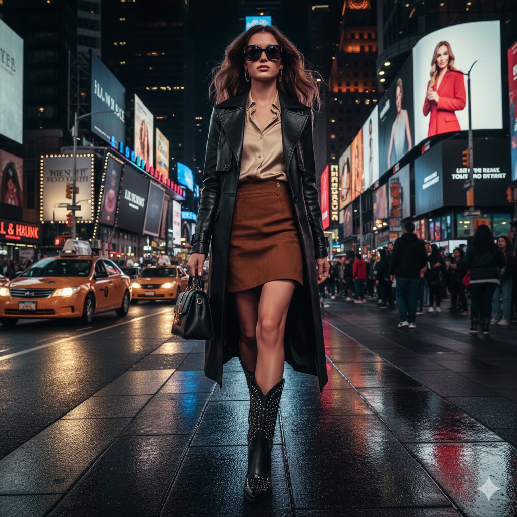 Ultra-realistic cinematic western fashion in Times Square prompt AI image template preview