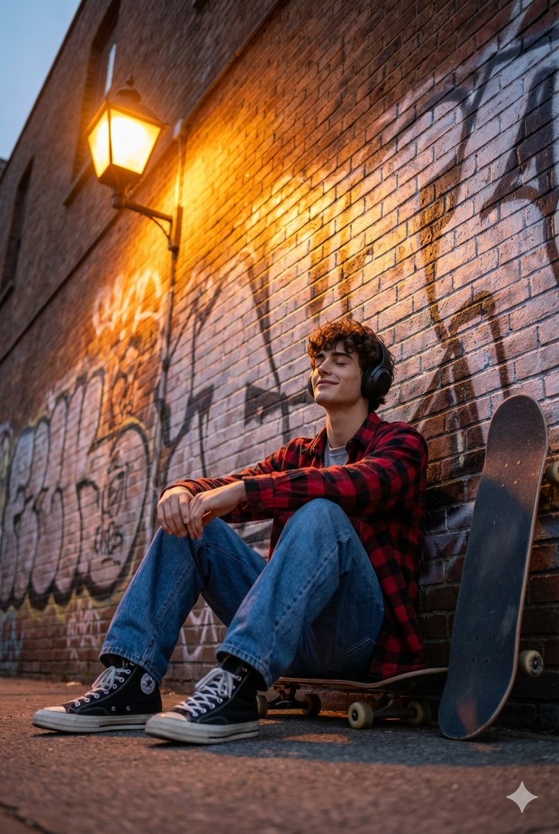 Cinematic Skateboarder Portrait Prompt at Golden Hour AI image template preview