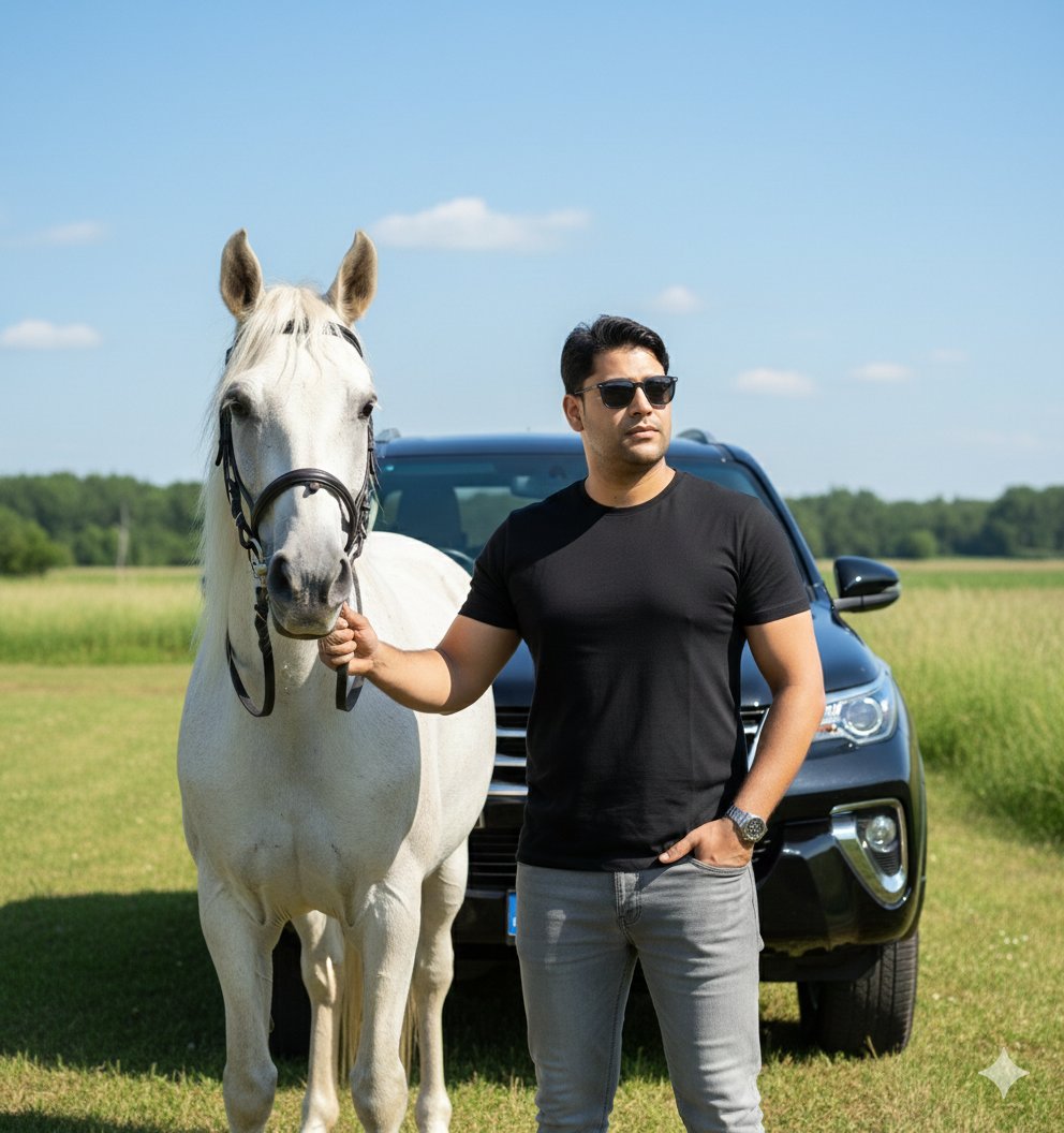Image Generation Prompt for Man with Horse and Car AI image template preview
