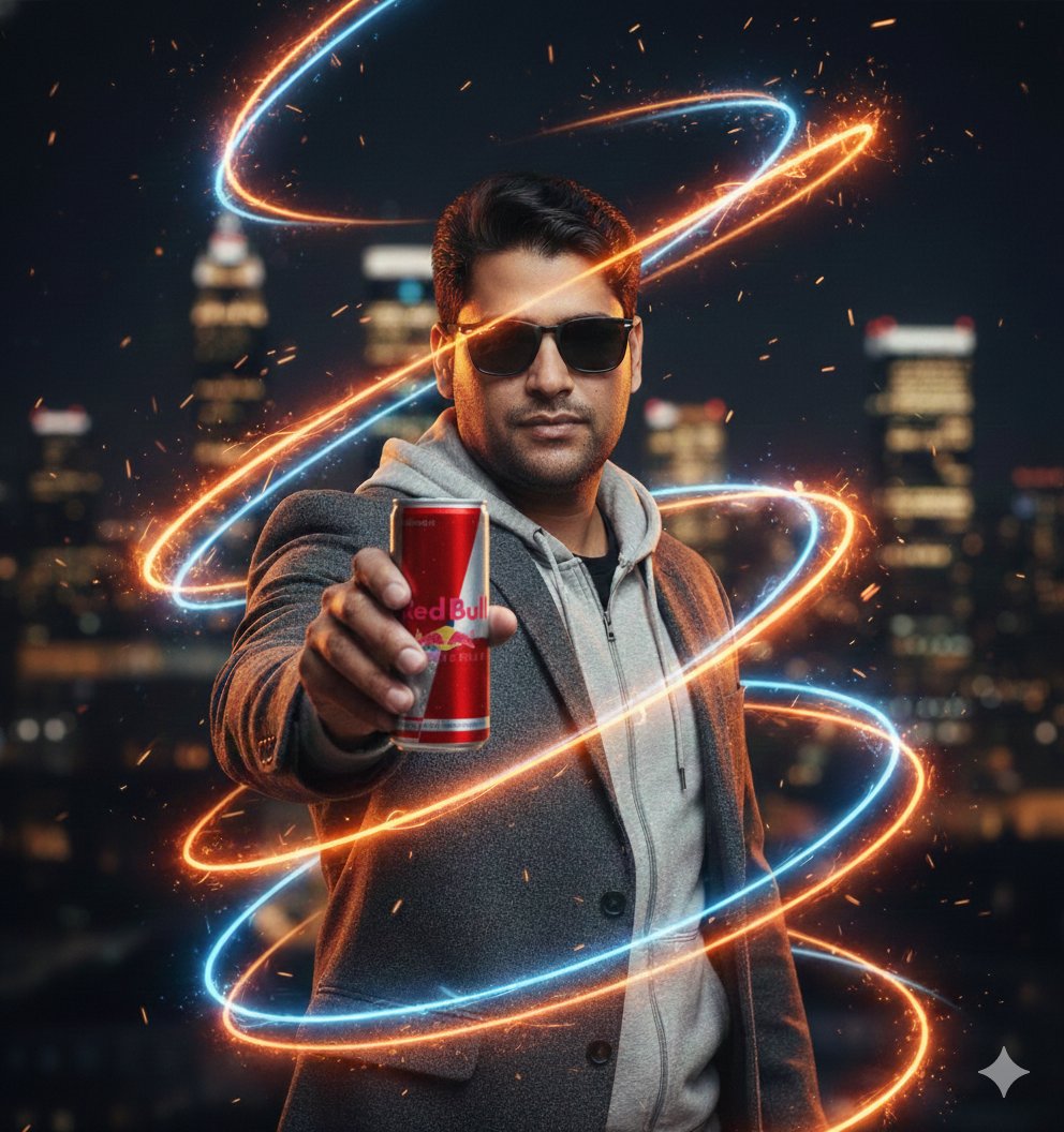Commercial Energy Drink Photography Prompt with Neon Effects AI image template preview