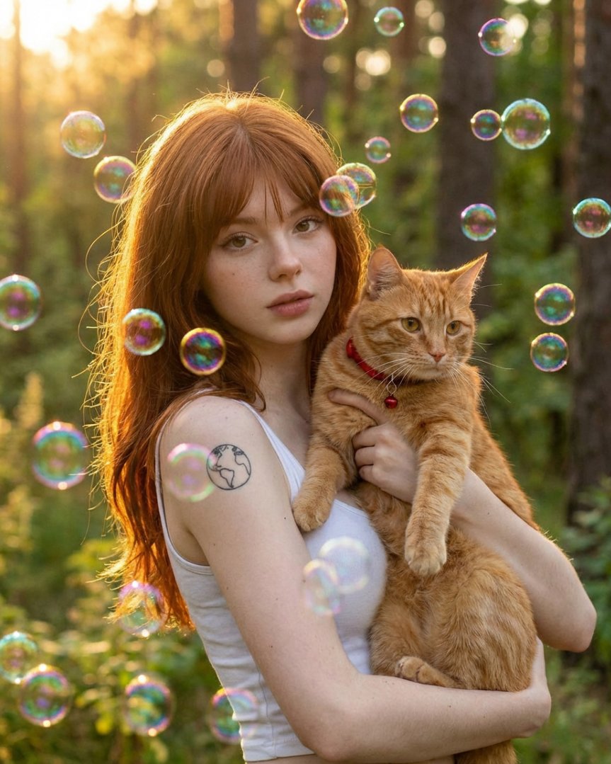 Dreamy Golden Hour Portrait with Cat and Soap Bubbles AI image template preview