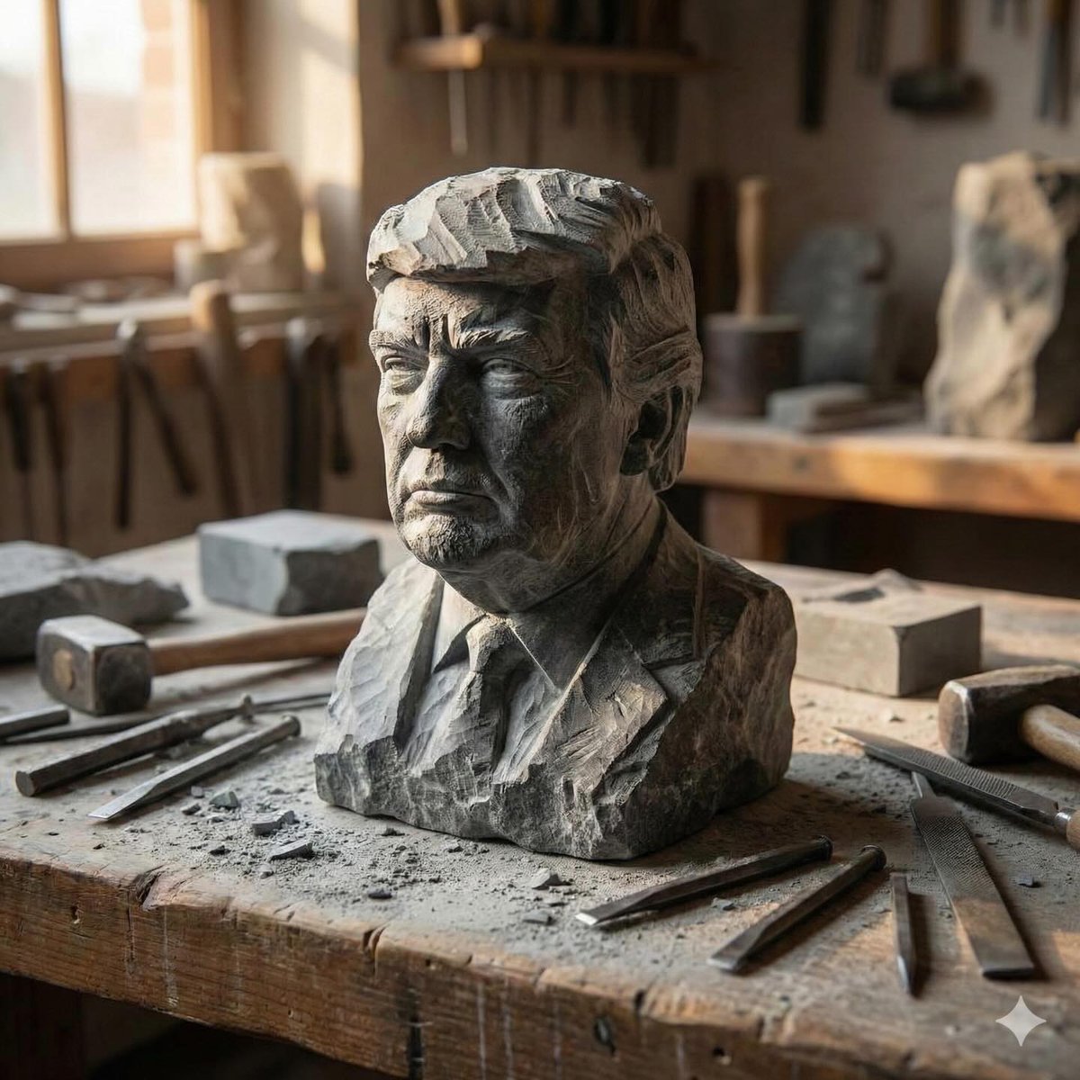 Stone-carved statue on a sculptor's workbench prompt AI image template preview