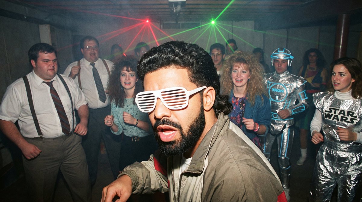 1980s underground nerd techno party flash photo prompt example 2