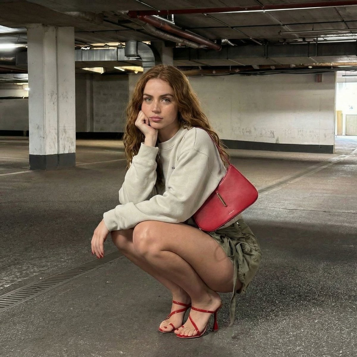 Ana de Armas Urban Squat Portrait with Identity Lock AI image template preview