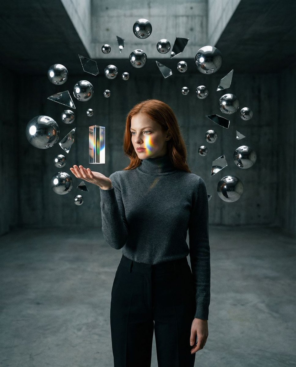 Surreal Brutalist Portrait with Kinetic Chrome Orbits Prompt in JSON AI image template preview