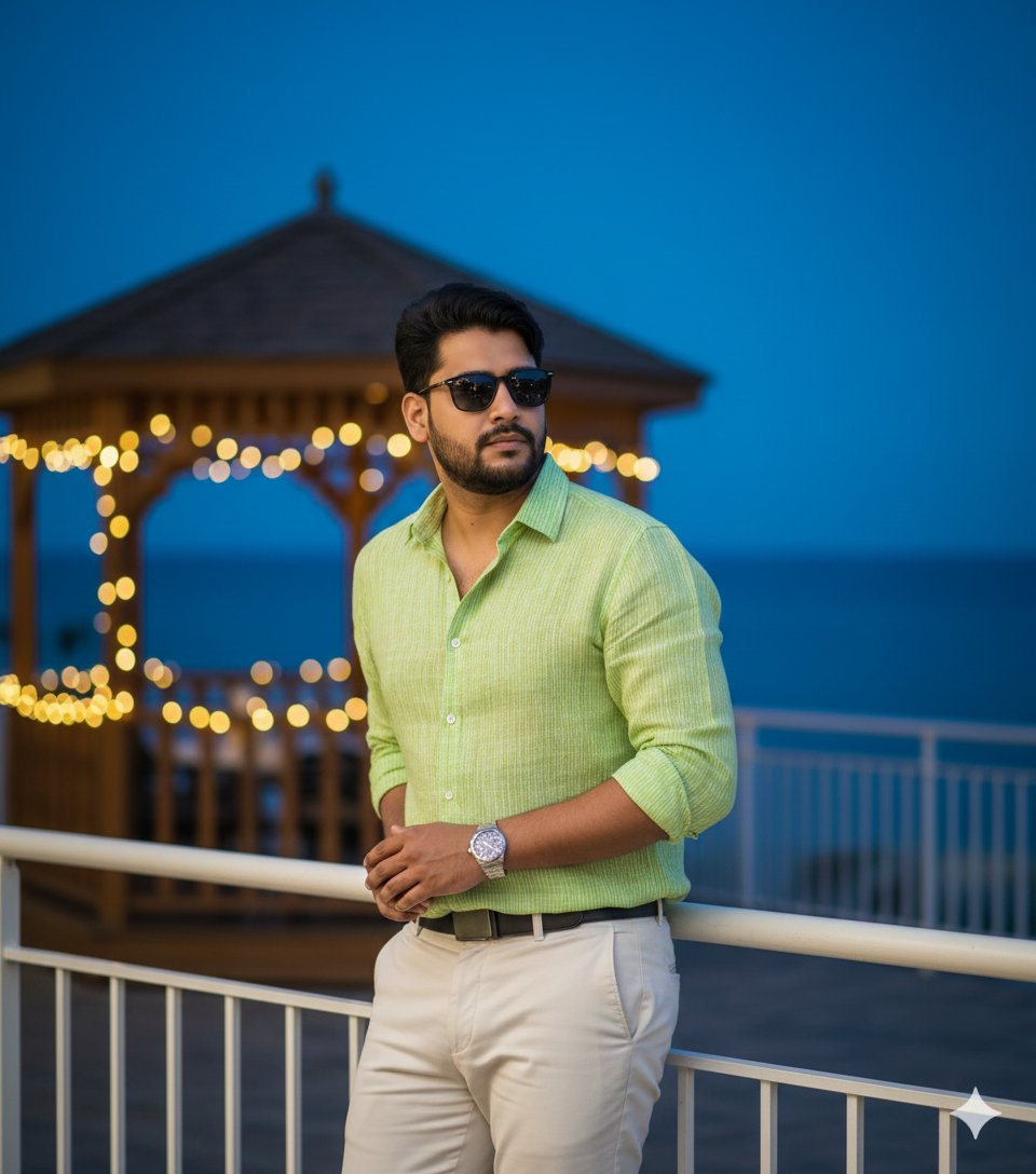 Hyper-Realistic Portrait of Man at Seaside Resort Prompt AI image template preview
