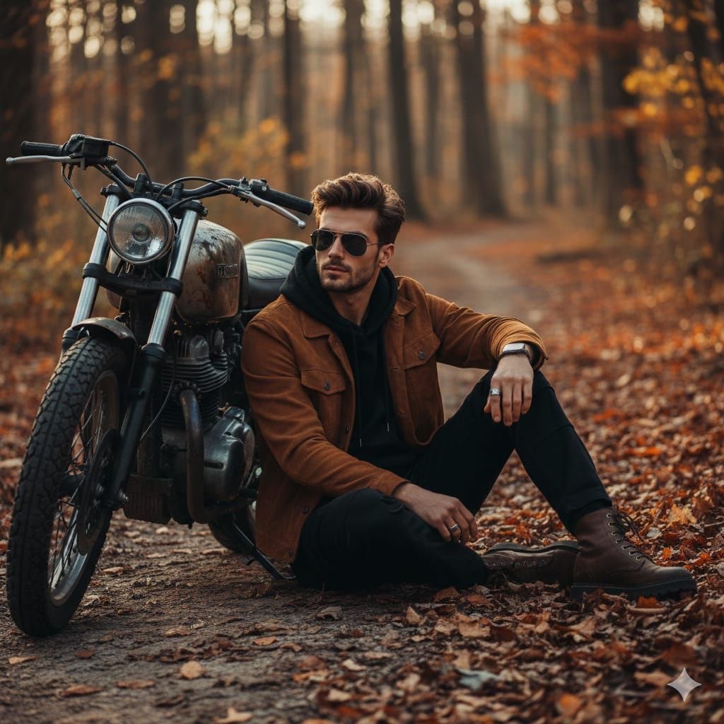 Cinematic Autumn Portrait of Man with Vintage Motorcycle AI image template preview