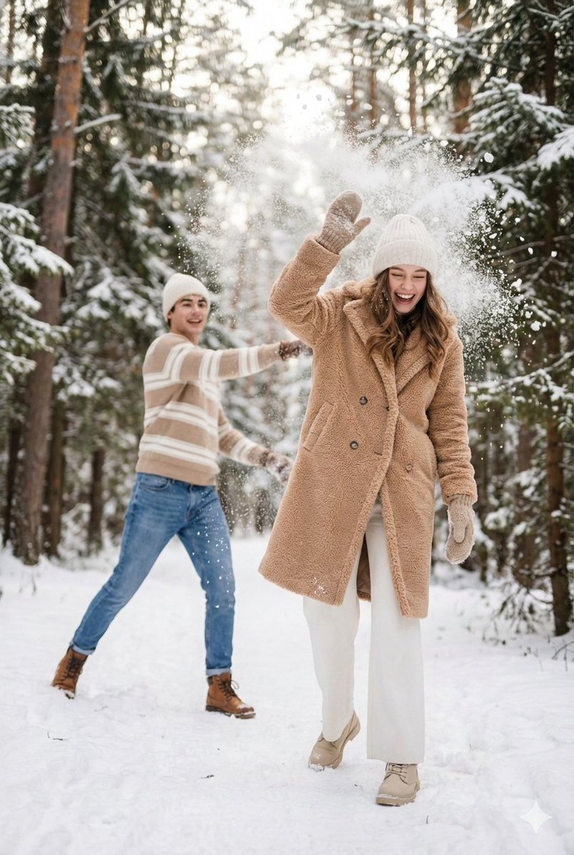 Cinematic Winter Scene Prompt of Couple Throwing Snow AI image template preview