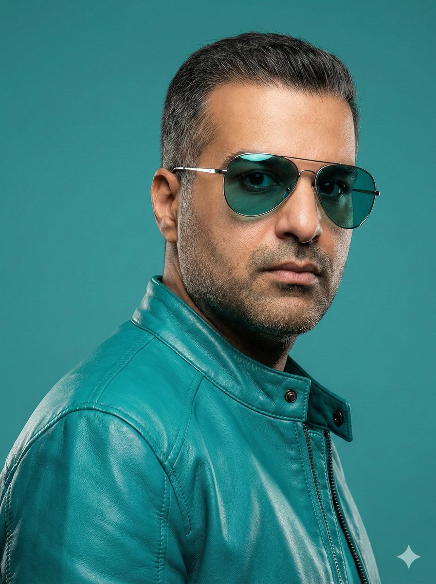Teal Leather Jacket Studio Portrait Prompt AI image template preview