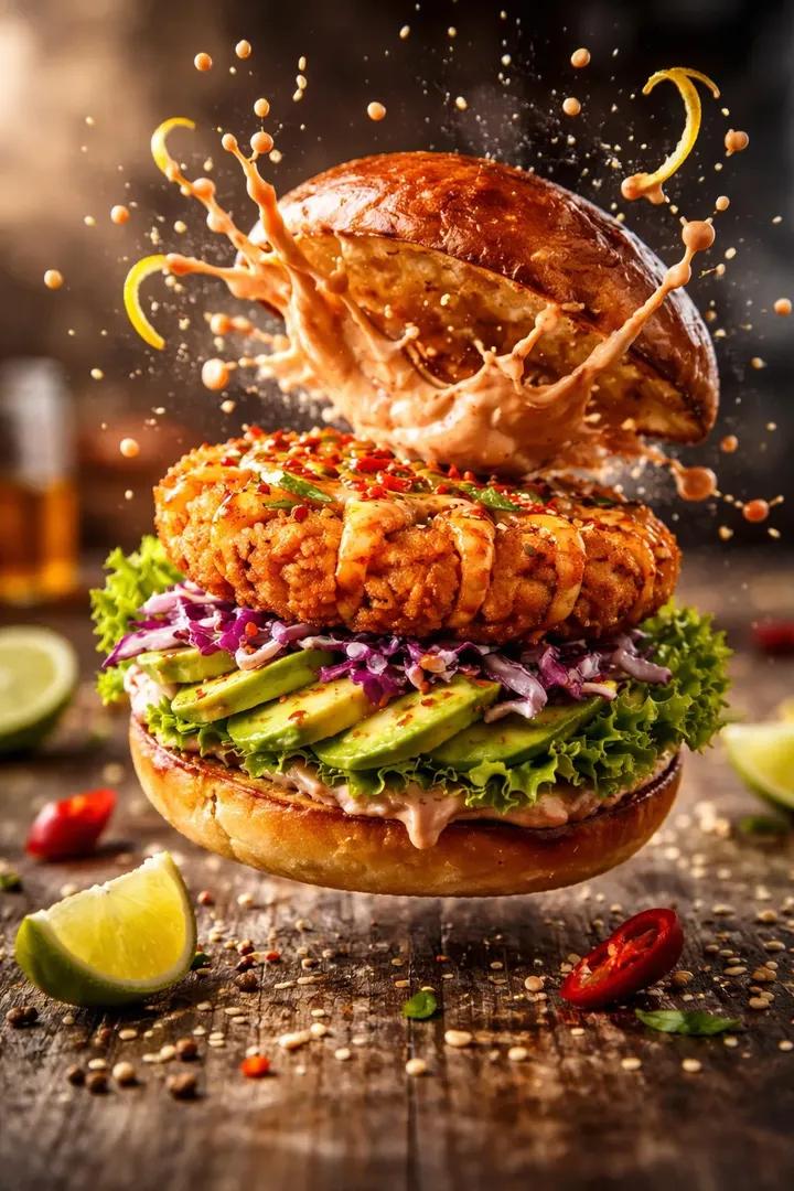 Cinematic Mid-Air Shrimp Burger Photo Prompt AI image template preview