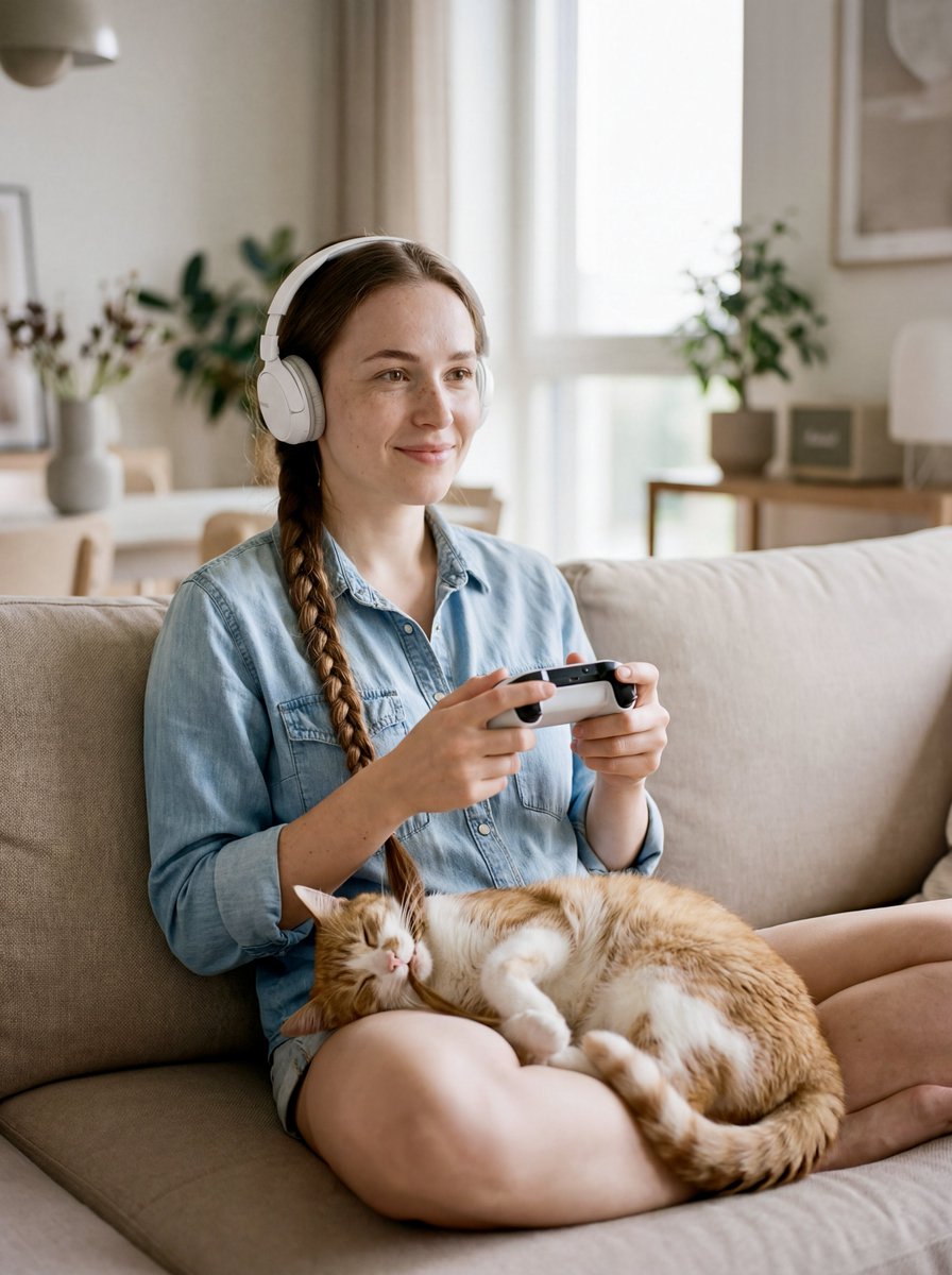 Editorial Portrait of Woman and Cat with Braid Interaction example 1